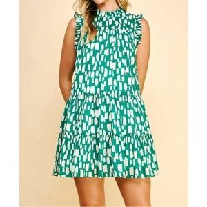 Anthropologie Pinch Sleeveless Green Printed Tiered Mini Dress Size